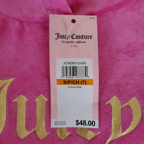 NWT Juicy Couture Kids Girls Philox Pink Velour Hoodie Pullover Sweatshirt Sz 7 - Picture 11 of 13